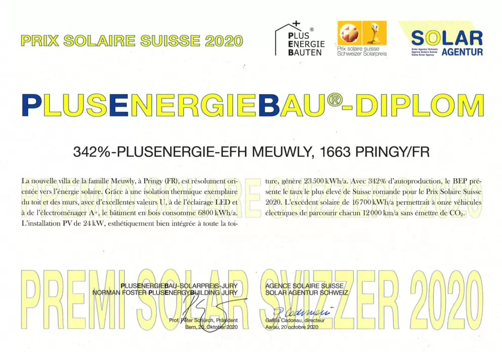 Diplôme du Prix Solaire Suisse pour une maison à énergie positive 