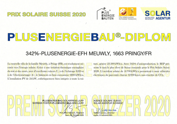 Diplôme du Prix Solaire Suisse pour une maison à énergie positive 