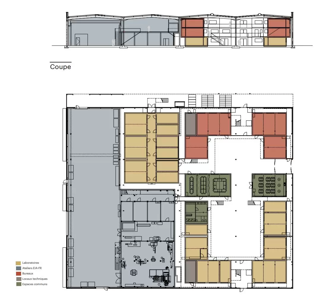Transformation de la halle bleue de BlueFactory: insertion de 126 box en bois dans la halle existante